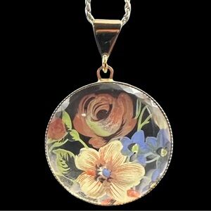 Hand Painted Floral Round 1.5” Glass Pendant